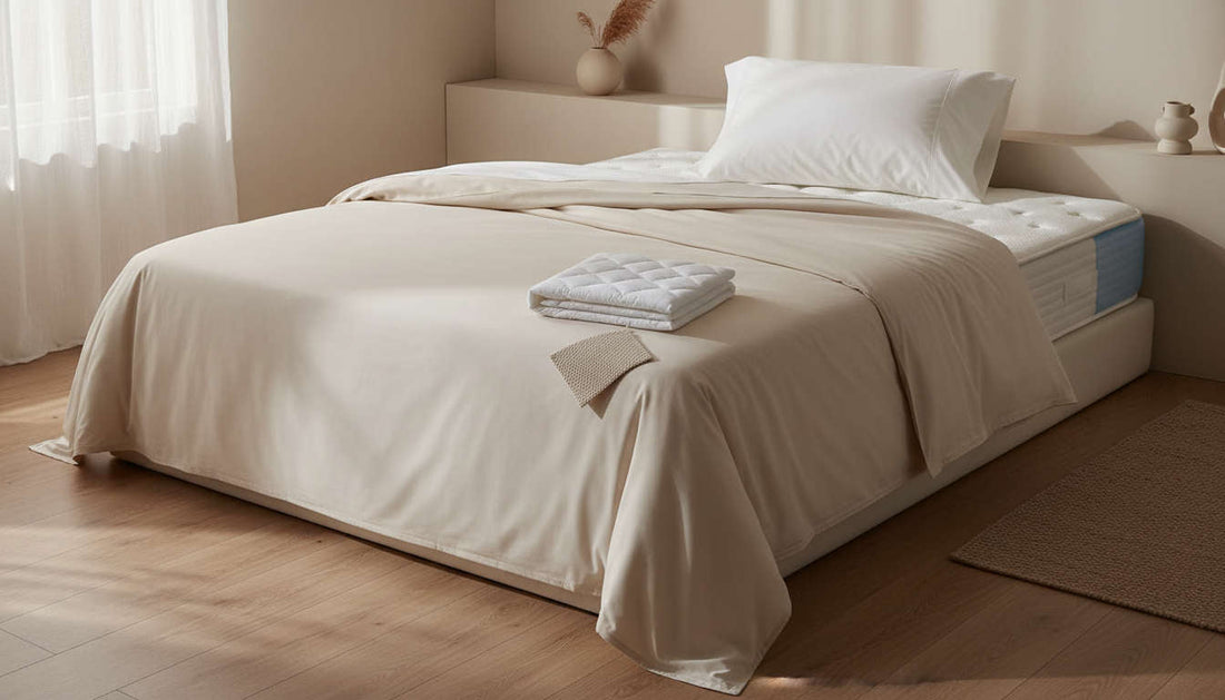 חדר שינה מרגיע עם מיטה עשויה היטב המציגה מזרן איכותי, כרית תומכת, מצעי כותנה חלקים ומגע עדין של שכבת קירור כחולה לאורך קצה המזרן, אווירה פרימיום ונעימה