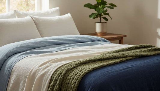 תמונה ריאליסטית של מיטה מסודרת עם שכבות מצעים המציגות מרקמים שונים (פשתן, כותנה, במבוק, צמר) באור טבעי רך, לציון בחירת מצעים עונתית ונשימה תרמית