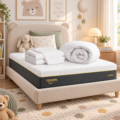 חדר ילדים נעים עם סט “Little Dreamer” של Roomi: מיטה בצבע בז', ארנבון פרוותי, מצעי במבוק, מצעים מגולגלים וקישוט בדמות דוב.