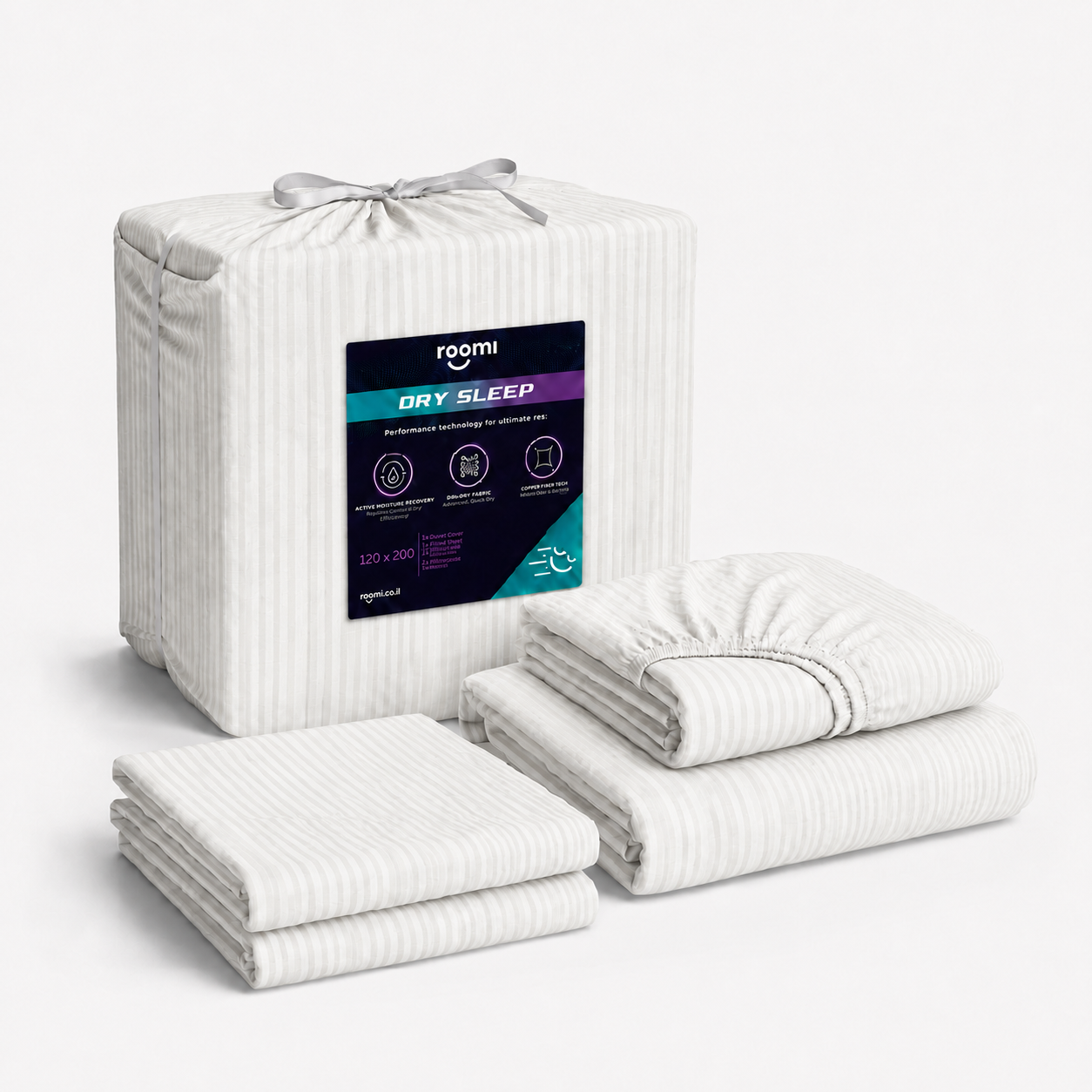 סט מצעים “Roomi” מסדרת Dry Sleep, ג'רסי פסים לבן-אפור, כולל סדין וכריות, ארוז ומקופל על רקע לבן.