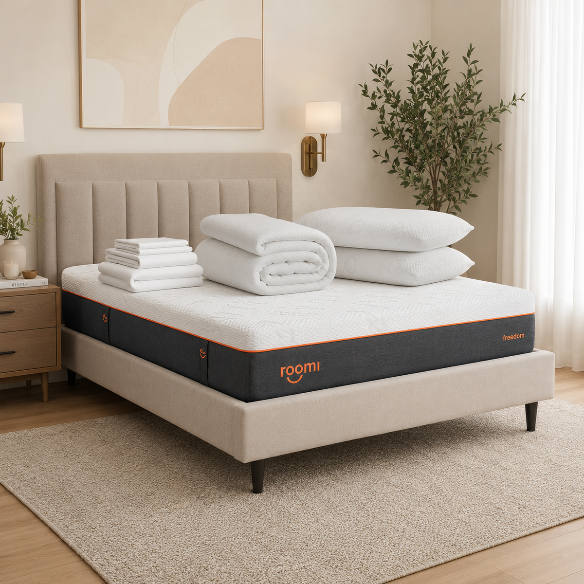 A neatly made bed with a beige upholstered headboard and a roomi מזרן אורטופדי, topped with folded white towels and bedding. The room features light walls, a plant, a nightstand, wall sconces, and cozy כריות Memory Foam for added comfort.