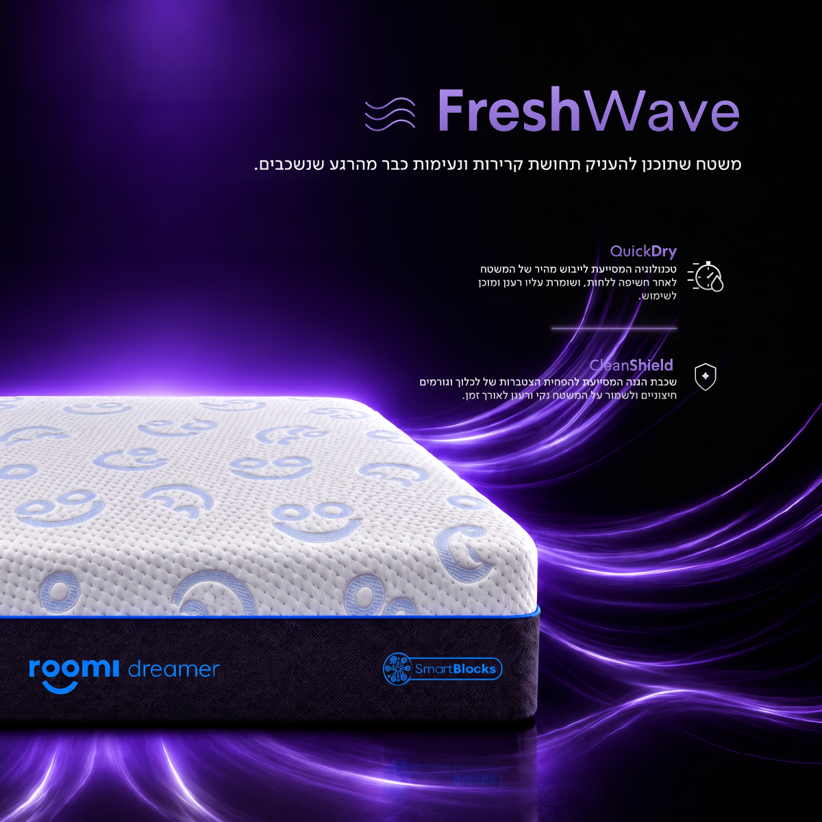 מזרן Roomi Dreamer SmartBlocks® עם דוגמאות מעגליות בכחול, אפקטים של אור בסגול ותוויות תיאור.